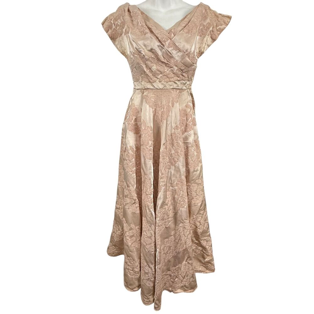 Vintage Blush Pink Satin Floral 1950s V-Neck Cap Sleeve Dress Formal Party XS